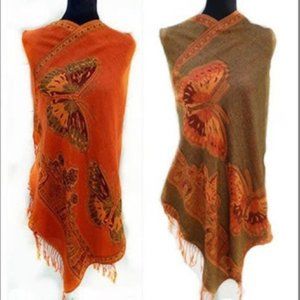 Reversible Butterfly Pashmina Orange & Green  Fringed NIP 27"X65" 100% pashmina